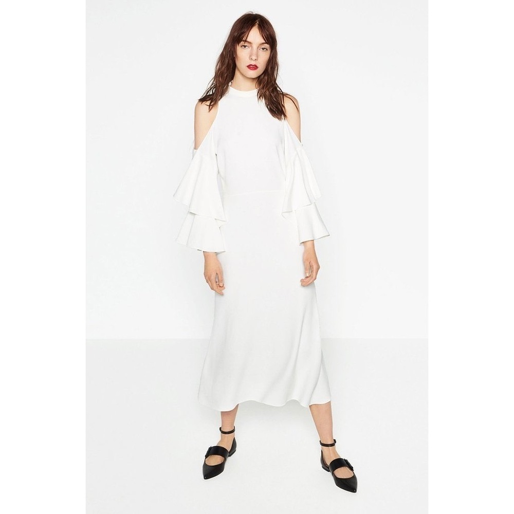 Zara Woman White Cold Shoulder Ruffle Sleeve Midi Dress Size S